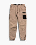 khaki cargo work pants with cuffed hem and multiple pockets with nylon reinforced panels on a white background