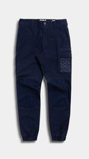 navy jogger style cargo work pants with multiple functional nylon fabric reinforced pockets on a light gray background