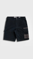 Black cargo shorts with multiple pockets on a light gray background