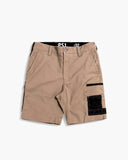Khaki cargo shorts with a nylon reinforcement patch pocket on a white background, front side.