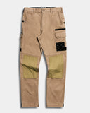 khaki cargo pants with patches on a white background
