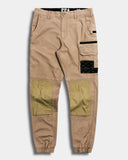 khaki cargo jogger style work pants with nylon fabric reinforced knee panels on a white background