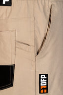 DFP PS2 work shorts showing side pocket and ruler pocket in khaki. 