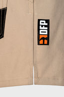 DFP PS2 lightweight stretch ripstop work short shorts in khaki, side view split seam.