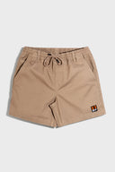 A pair of men's casual Short shorts in khaki color, featuring an elastic waistband with a drawstring, side pockets, and a ruler pocket on the right hand side. The shorts are displayed flat against a light gray background.