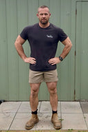 Man wearing khaki DFP ps6 short work shorts
